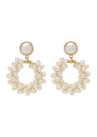 Gold Tone Pearl Cluster Drop Hoop Earrings