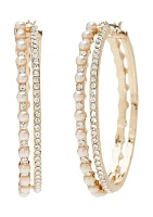 Gold Tone Pearl and Crystal Two Row Hoop Earrings