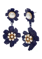 Gold Tone Navy Flower Drop Earrings