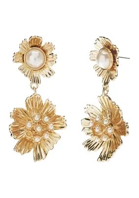 Gold Tone Pearl Flower Drop Earrings