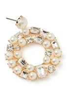 Gold Tone Pearl Crystal Drop Hoop Earrings