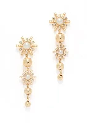 Gold Tone Starburst Pearl Linear Earrings