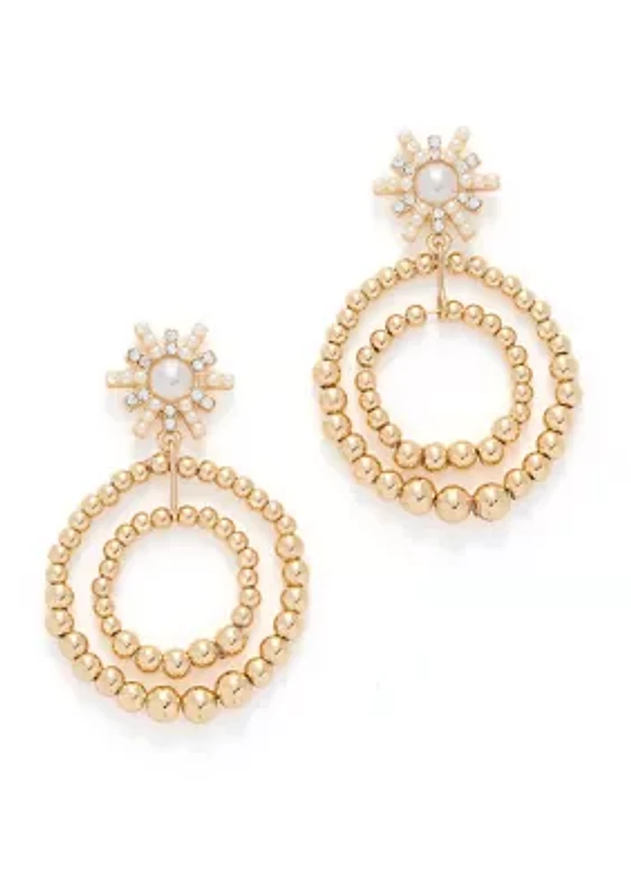 Gold Tone Starburst Pearl Orbital Drop Earrings