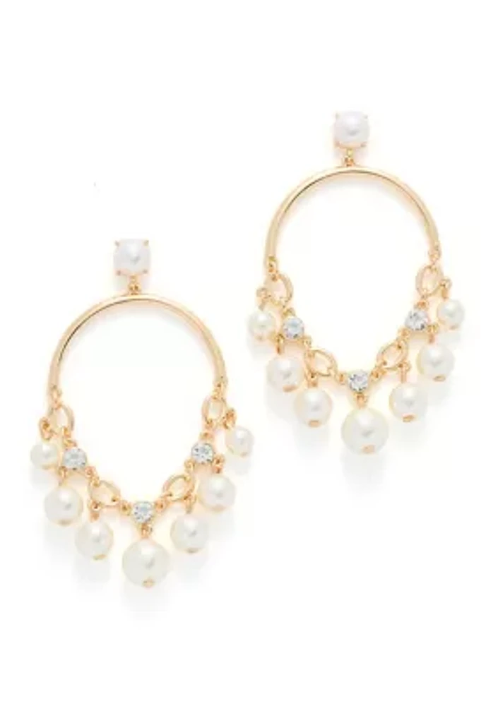 Gold Tone Pearl Shaky Drop Hoop Earrings