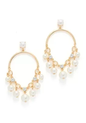 Gold Tone Pearl Shaky Drop Hoop Earrings