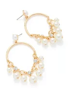 Gold Tone Pearl Shaky Drop Hoop Earrings