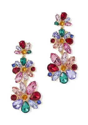 Gold Tone Multi Stone Cluster Drama Triple Drop Earrings