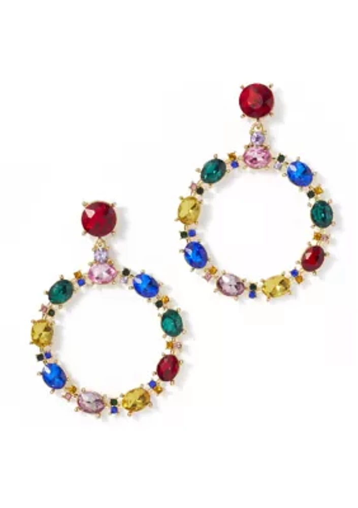 Gold Tone Multi Stone Drop Hoop Earrings