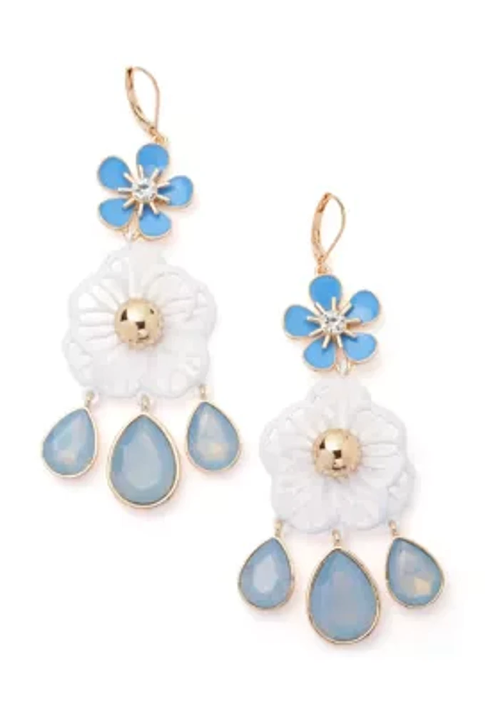 Gold Tone Blue Large Flower Double Drop Earrings