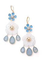 Gold Tone Blue Large Flower Double Drop Earrings