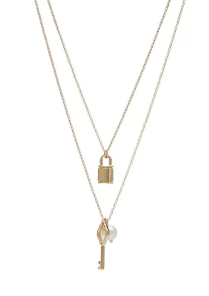 Gold Tone 20'' Lock and Key Double Row Necklace