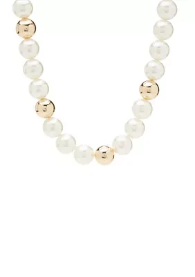 Gold Tone 16'' Pearl Round Collar Necklace