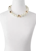 Gold Tone 16'' Pearl Round Collar Necklace