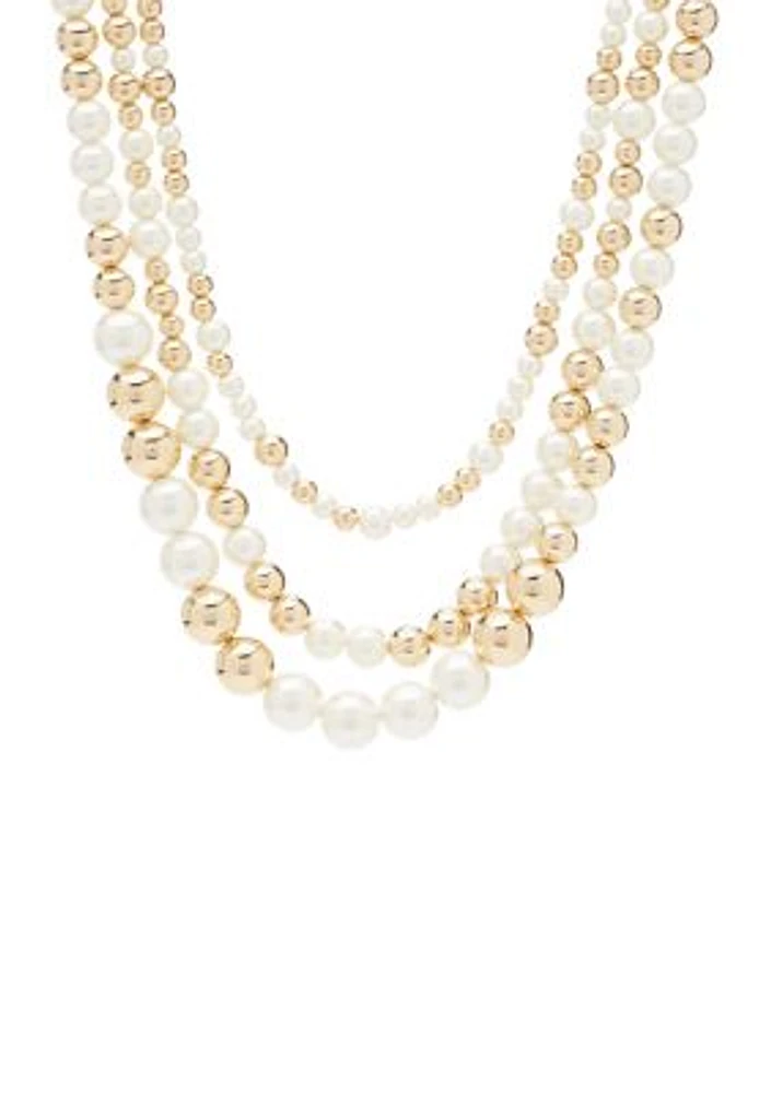 Gold Tone 16" Pearl Round Multirow Collar Necklace