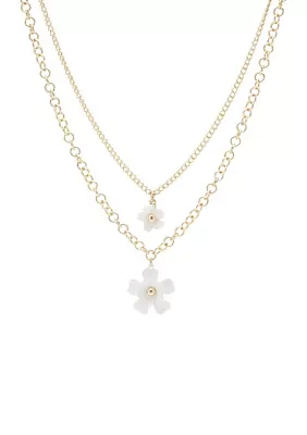 Gold Tone 16'' White Enamel Flower Double Row Necklace