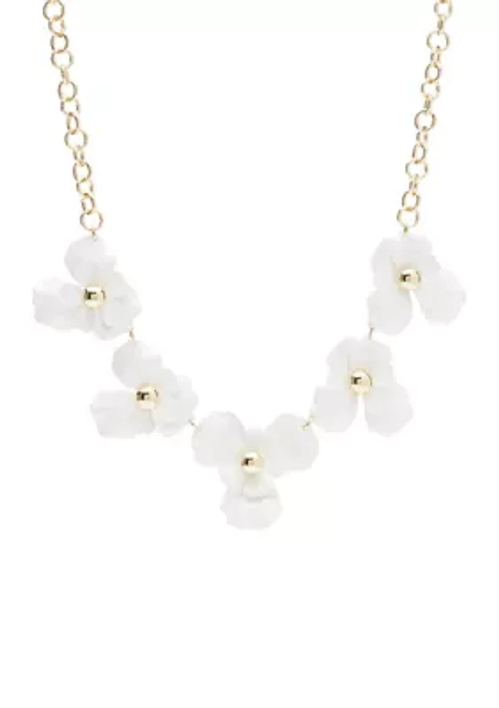 Gold Tone 16'' White Enamel Flower Frontal Necklace