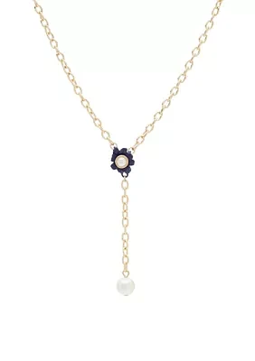 Gold Tone 16" Blue and Pearl Y Necklace