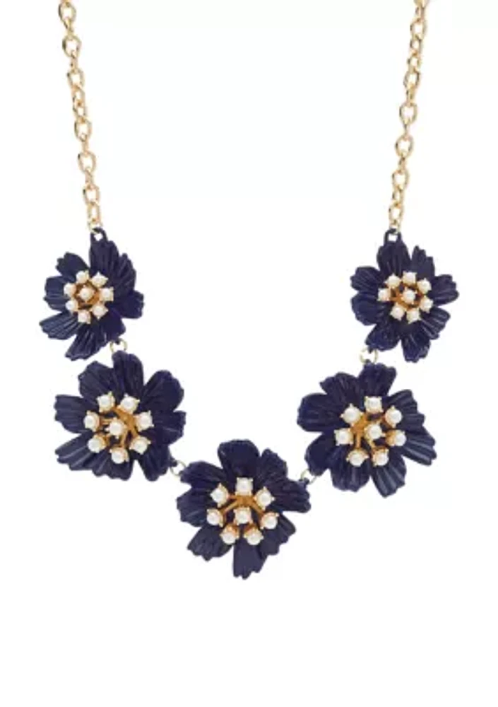 Gold Tone 16" Navy Flower Collar Necklace