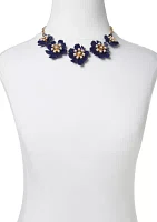 Gold Tone 16" Navy Flower Collar Necklace