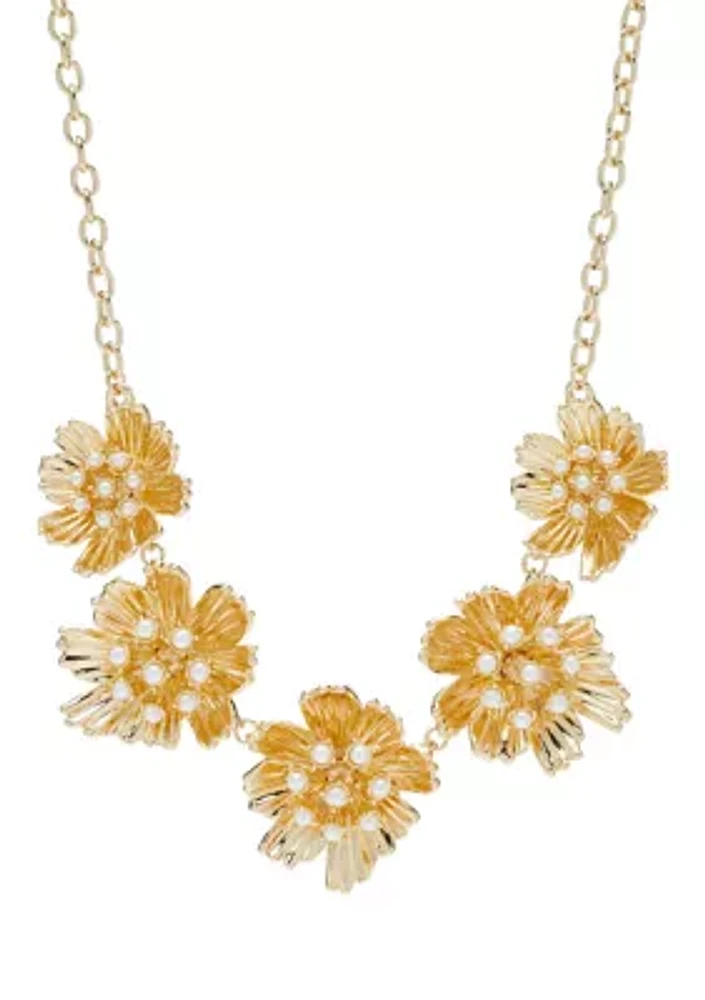 Gold Tone 16" Pearl Flower Collar Necklace