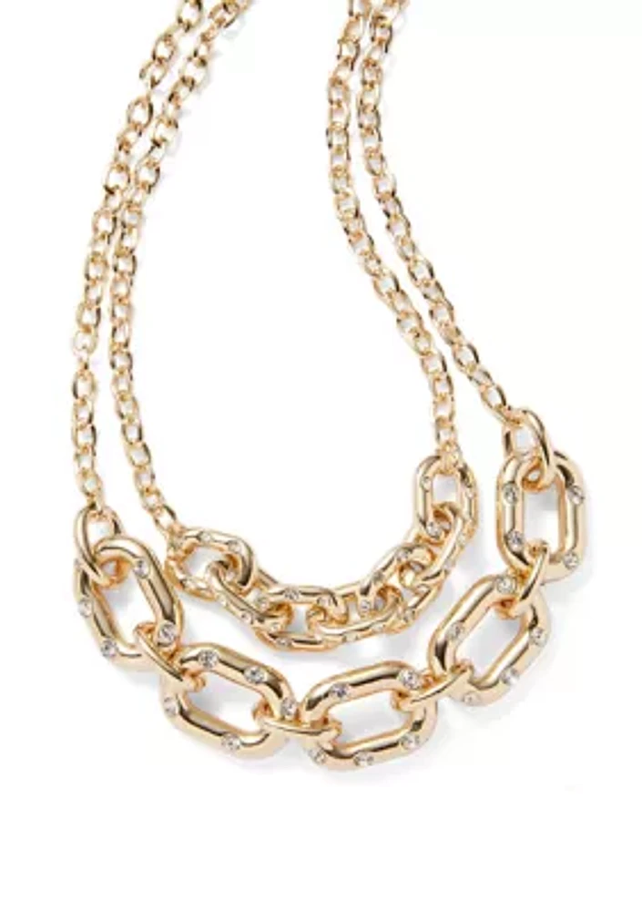 Gold Tone Crystal Pavé Link 2 Row Necklace