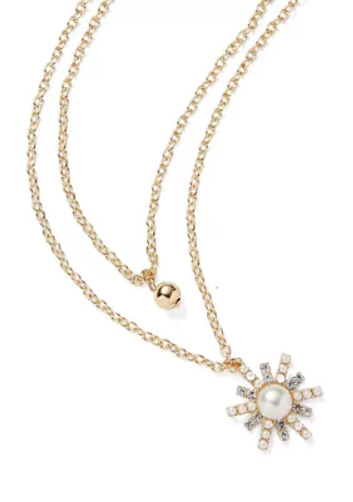 Gold Tone Starburst 2 Row Pendant Necklace