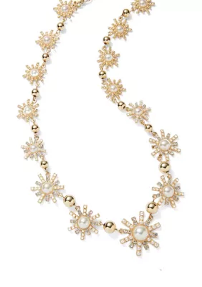 Gold Tone Starburst Pearl Collar Necklace