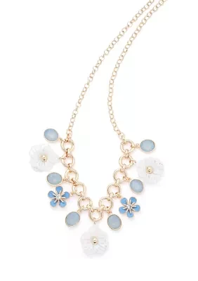 Gold Tone Blue Shaky Flower Frontal Necklace