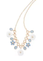Gold Tone Blue Shaky Flower Frontal Necklace