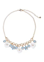 Gold Tone Blue Shaky Flower Frontal Necklace