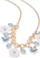Gold Tone Blue Shaky Flower Frontal Necklace