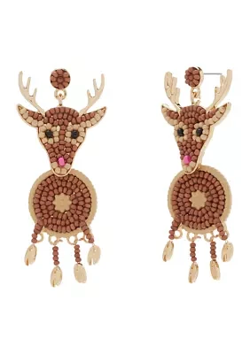 Gold Tone Beaded Reindeer Earrings