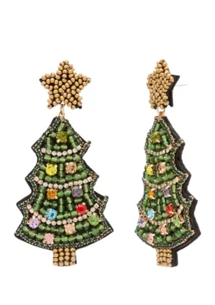 Gold Tone Green Tree Stone Earrings 