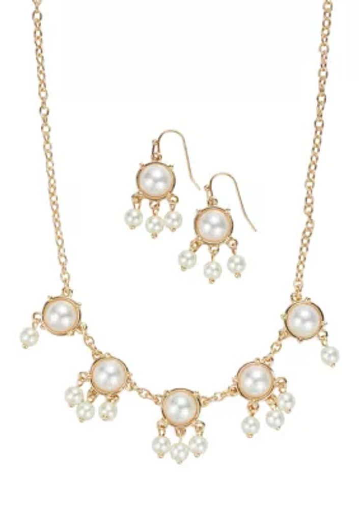 Gold Tone Pearl Drop Earrings and Collar Necklace Set