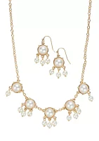 Gold Tone Pearl Drop Earrings and Collar Necklace Set