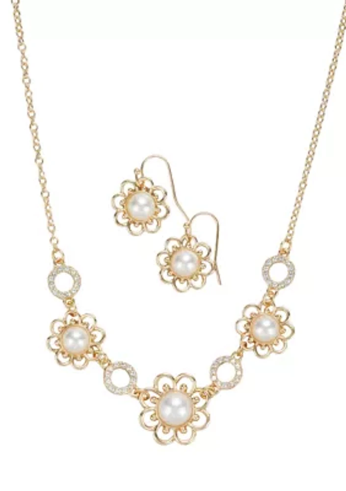 Gold Tone Crystal Floral Pearl Necklace and Earrings Set