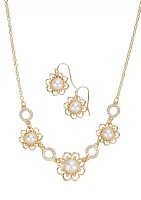 Gold Tone Crystal Floral Pearl Necklace and Earrings Set