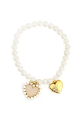 Gold Plated Pearl Heart Charms Stretch Bracelet