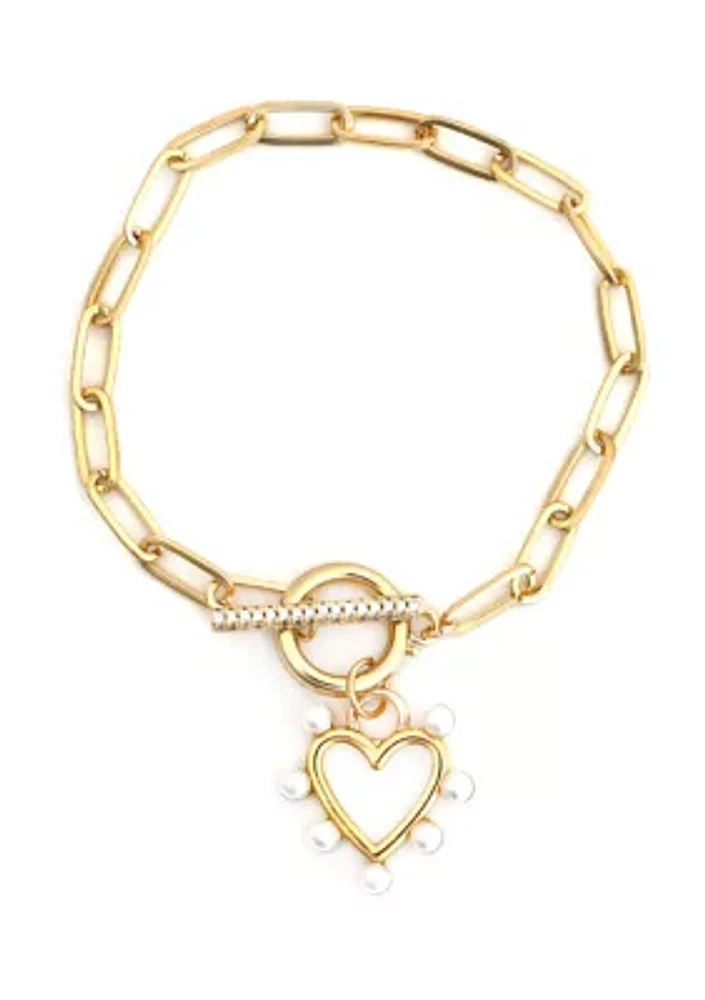 Gold Plated Toggle Pearl Heart Bracelet