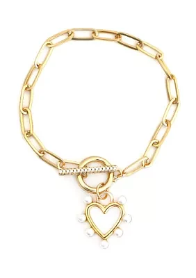 Gold Plated Toggle Pearl Heart Bracelet