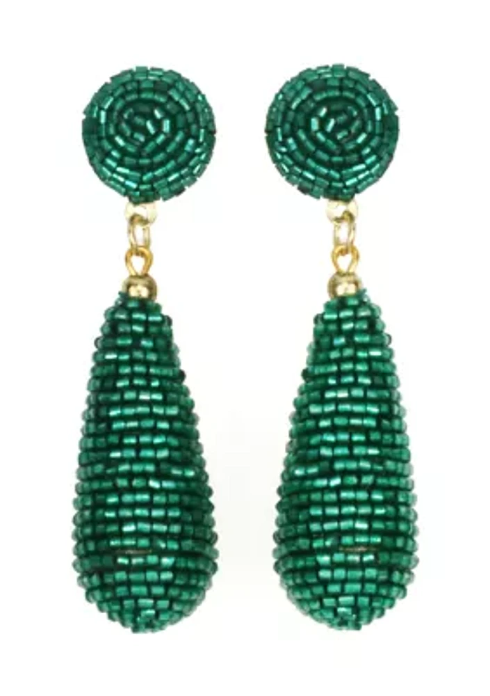 Gold Tone Emerald Green Beaded Teardrop Earrings