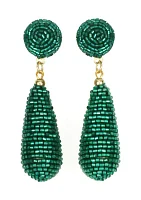 Gold Tone Emerald Green Beaded Teardrop Earrings