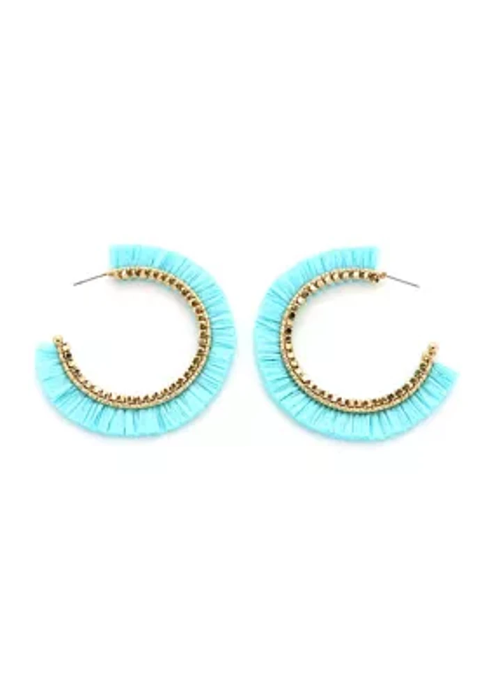 Gold Plated Turquoise Raffia Fringe Hoop Earrings 