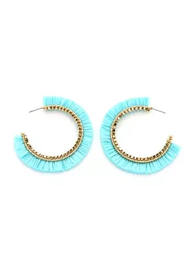 Gold Plated Turquoise Raffia Fringe Hoop Earrings 