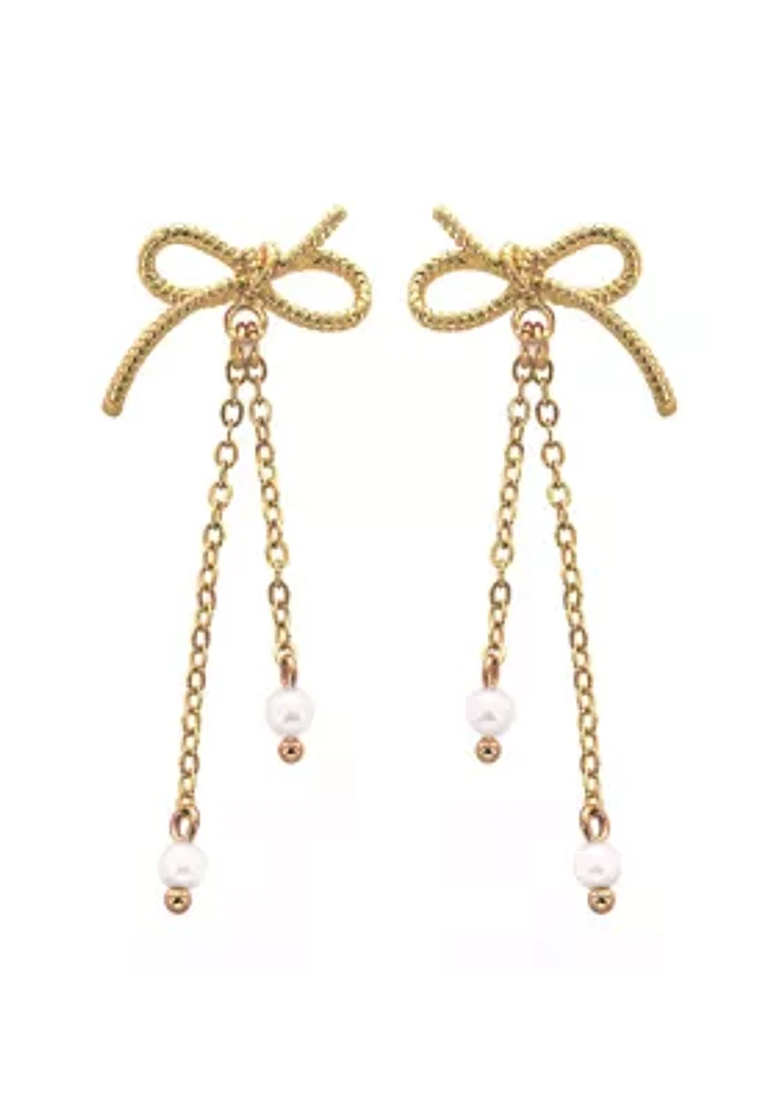 Gold Plated Bow with Pearl Drop Earrings