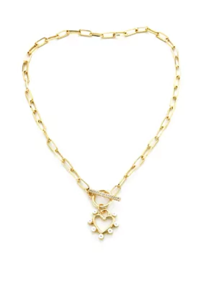 Gold Plated Pearl Heart Toggle Necklace