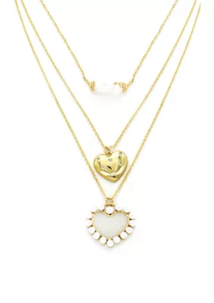 Gold Plated Heart Pearl Three Row Necklace