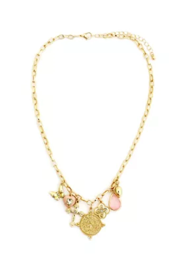 Gold Plated Pink Cross Heart Butterfly Charms Necklace