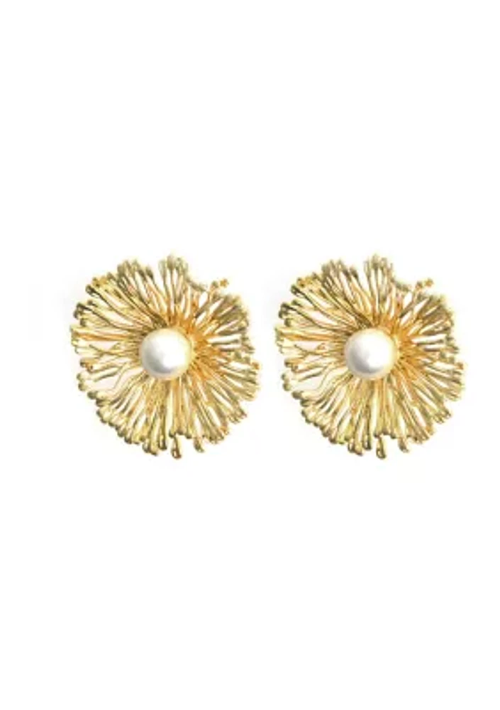 Gold Plated Pearl Center Flower Earrings