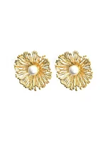 Gold Plated Pearl Center Flower Earrings